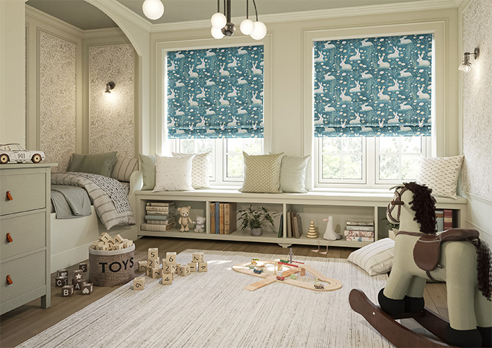 Bunny Meadows, Teal - Motorised Roman Blind - Image 6
